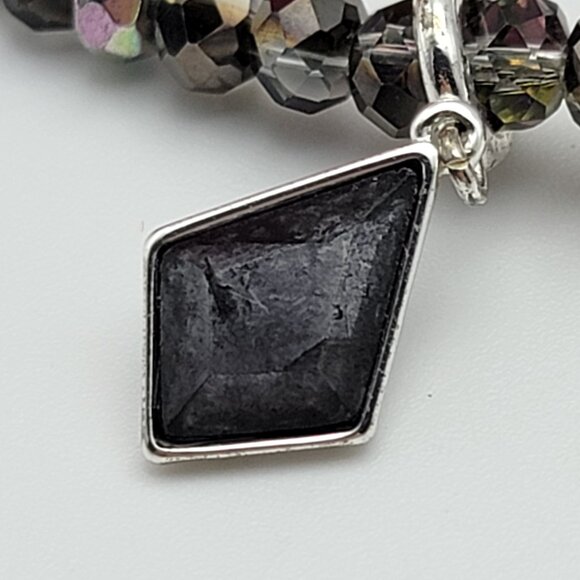 Bomb Party Black Onyx Charm Smoky Crystal Bracelet Stretch 7" Adj. Silver Tone - Picture 3 of 8